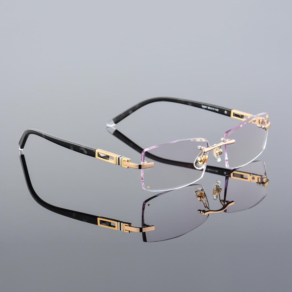 Optical Alloy Diamond Trimming Cutting Rimless Glasses Frame With Gradient Grey Tint Plano Prescription Lenses