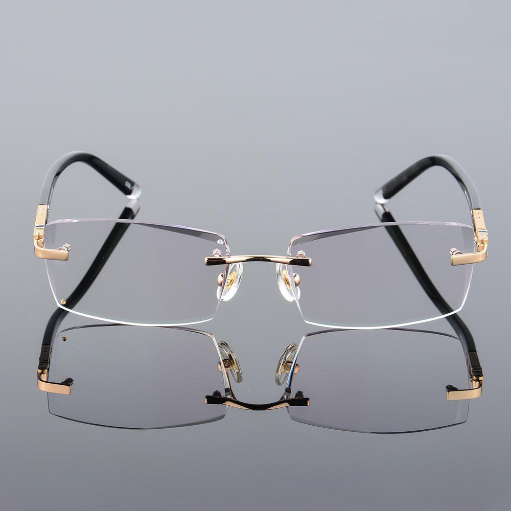 Optical Alloy Diamond Trimming Cutting Rimless Glasses Frame With Gradient Grey Tint Plano Prescription Lenses