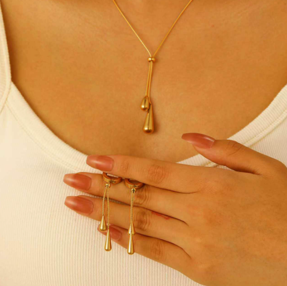 Women 18K Gold Plated Stainless Steel Jewelry Double Tassel Teardrop Snake Chain Hoop Earrings Waterdrop Pendant Necklace Set