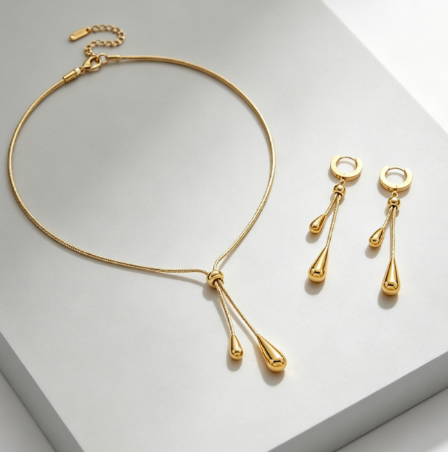 Women 18K Gold Plated Stainless Steel Jewelry Double Tassel Teardrop Snake Chain Hoop Earrings Waterdrop Pendant Necklace Set