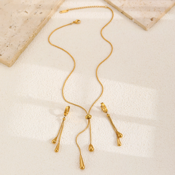Women 18K Gold Plated Stainless Steel Jewelry Double Tassel Teardrop Snake Chain Hoop Earrings Waterdrop Pendant Necklace Set