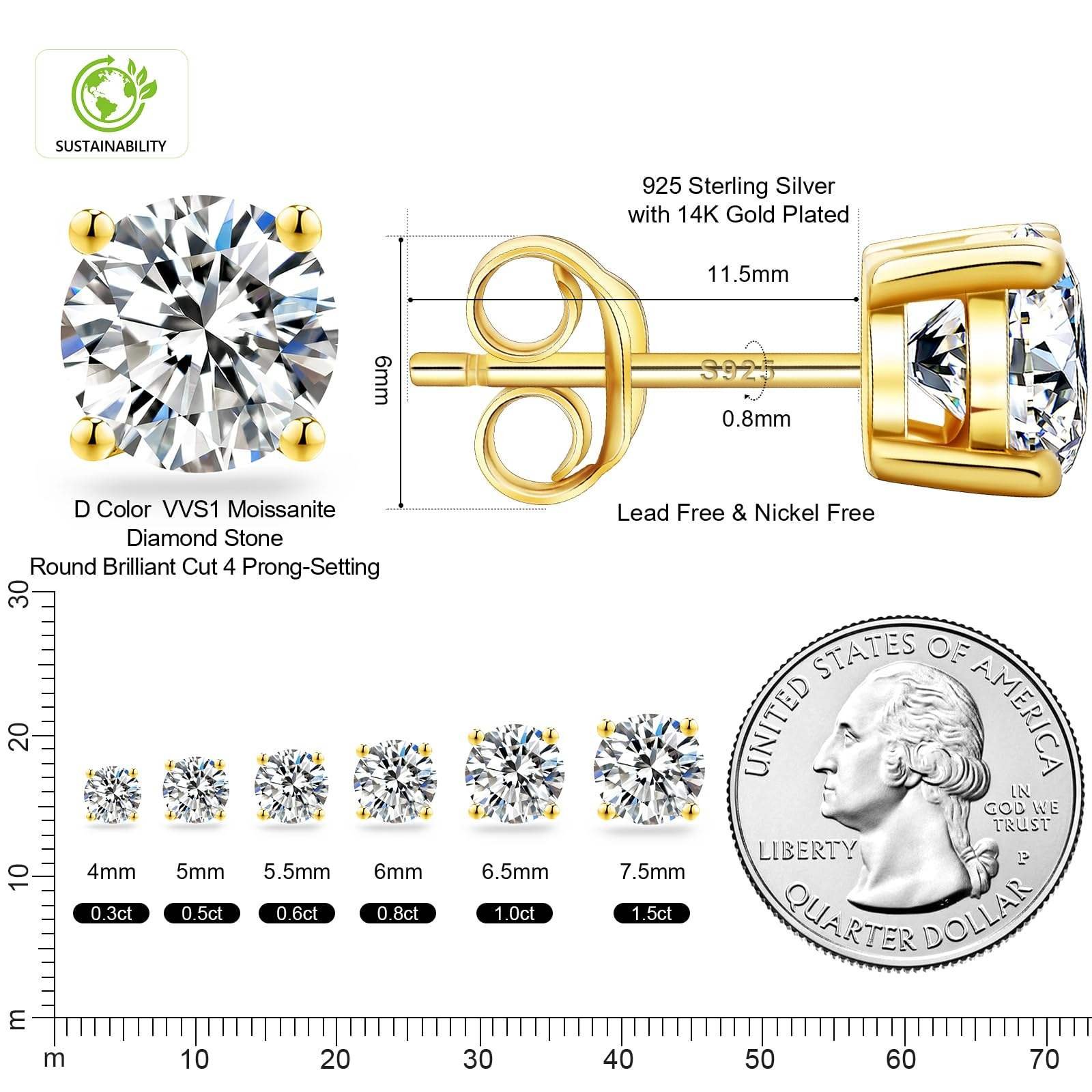 Luxury Moissanite Stud 2ct VVS 925 Sterling Silver Men Women Jewelry GRA Certificate 14K Gold Plated 6.5mm Lab Diamond Earring