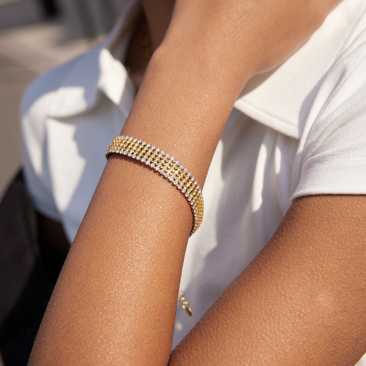 J&D 18K Gold Plate Stainless Steel Bracelet Waterproof Classic Cubic Zirconia Tennis Chain Bracelet