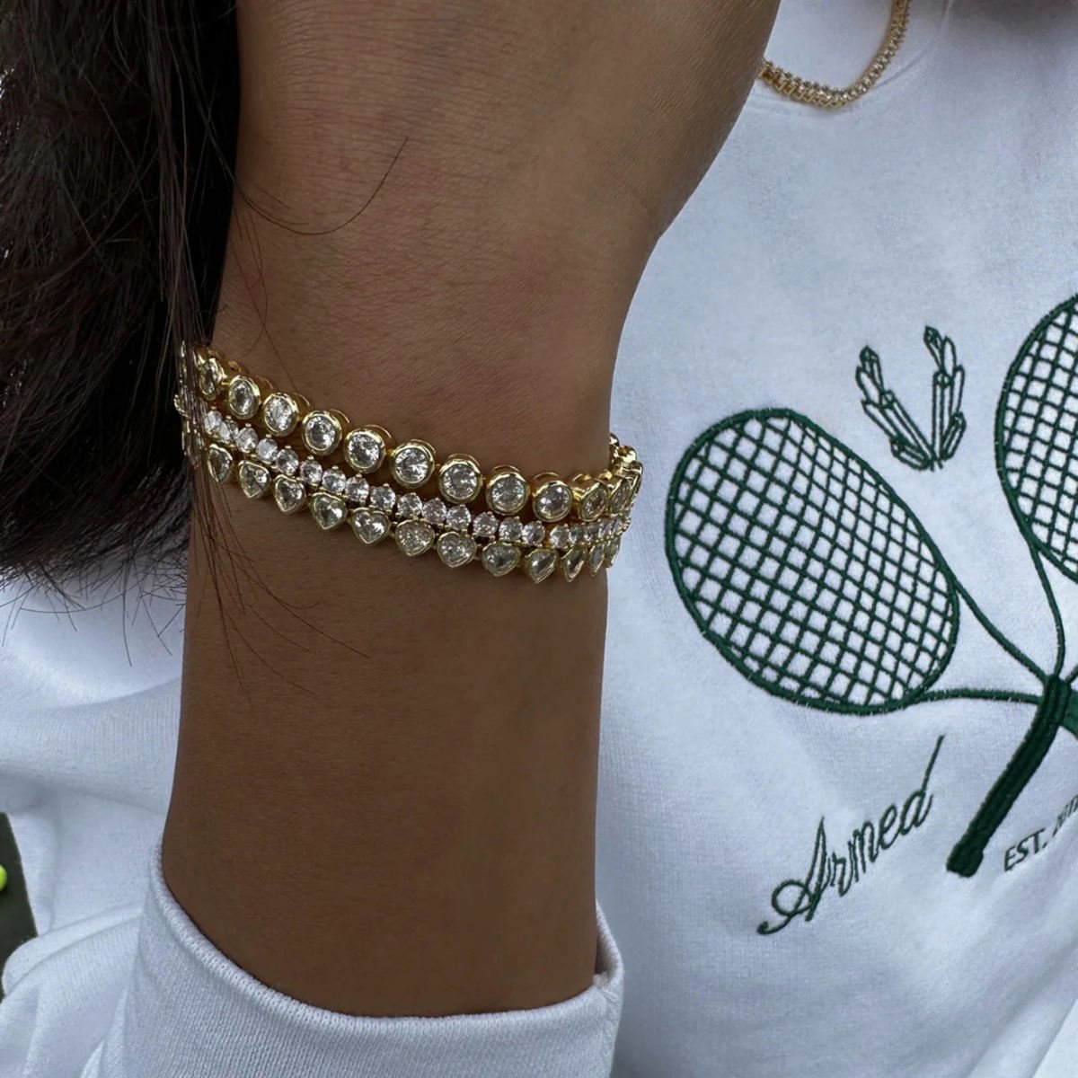 J&D Jewelry 18K PVD Gold Plating Stainless Steel Health Sport Heart Round Tennis Chain Bracelet