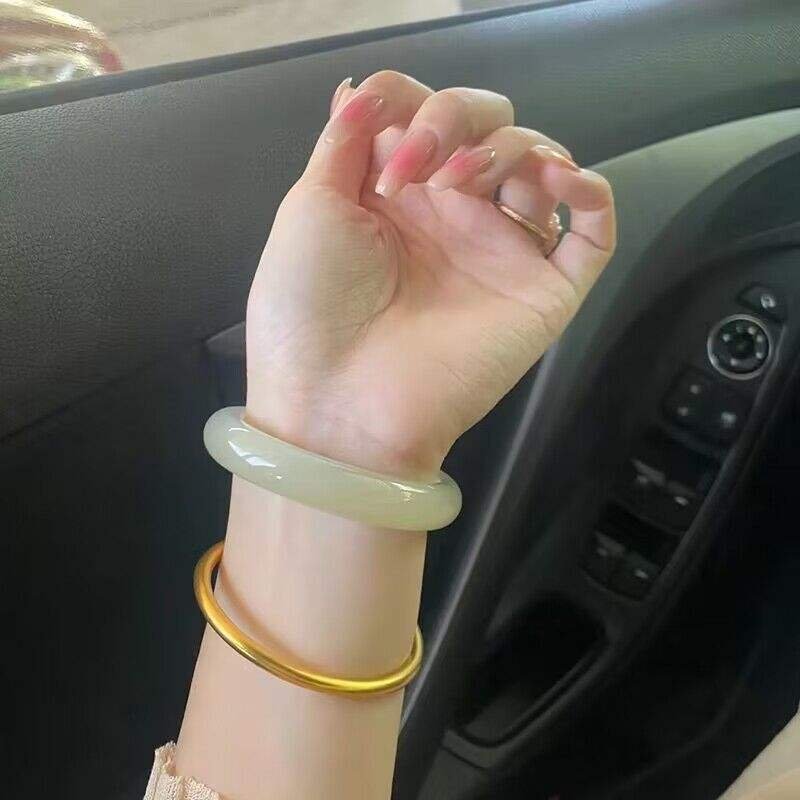 Hetian Jade White Jade Wide Strip Bracelet 54mm-66m Natural Stone Healing Jade Bracelet for Women