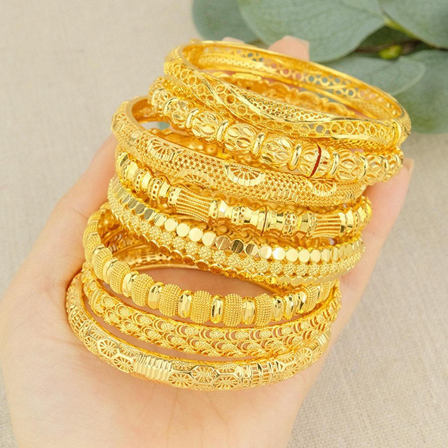 Women's Openable Middle East-Style Fashion Bracelet 24K Yellow Gold Plated Classic Splicing Bangles