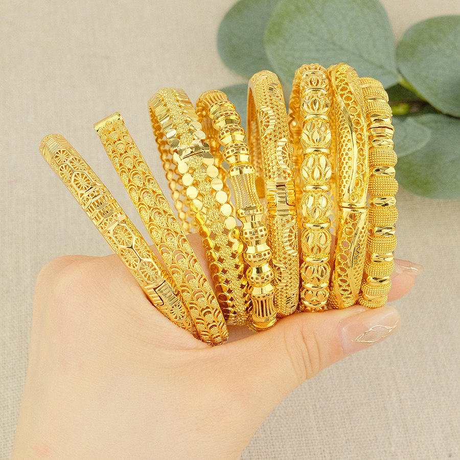 Women's Openable Middle East-Style Fashion Bracelet 24K Yellow Gold Plated Classic Splicing Bangles
