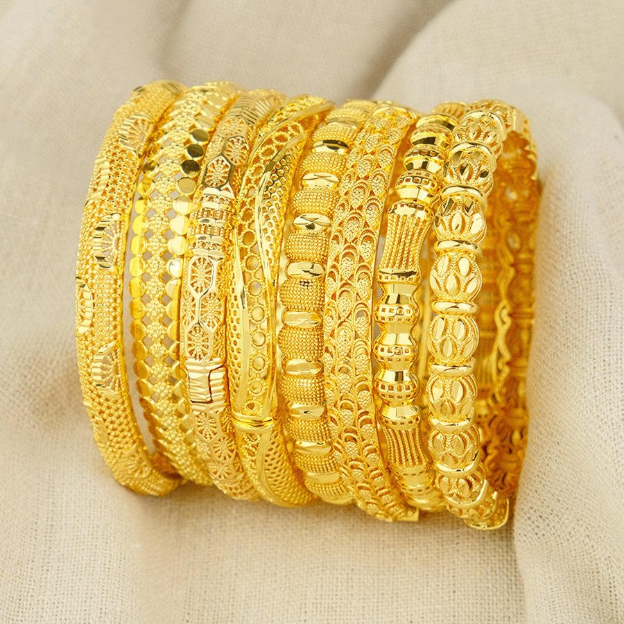 Women's Openable Middle East-Style Fashion Bracelet 24K Yellow Gold Plated Classic Splicing Bangles