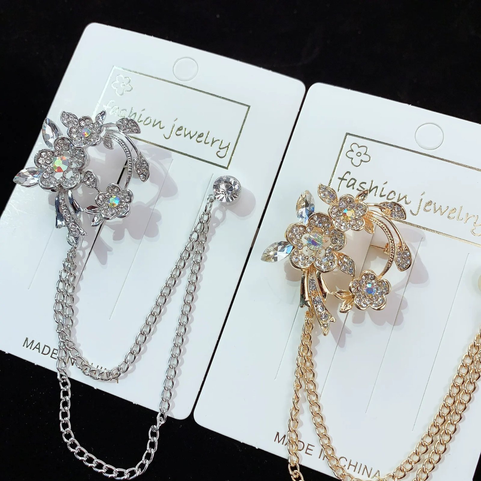 Chain Brooch Rhinestone Floral Crystal Gold Tone Alloy Pin Vintage Luxury Women Double Flower Brooches Wholesale Broche Femme