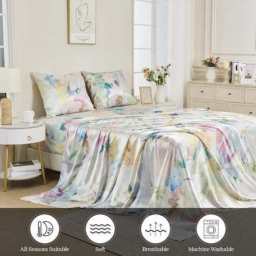 Satin Sheet Set Queen Size, 4 Piece Silky Satin Bedding Sheet,Soft Bed Sheets Set with 1 Fitted Sheet,1 Flat Sheet,2 Pillowcases