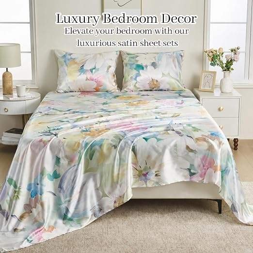 Satin Sheet Set Queen Size, 4 Piece Silky Satin Bedding Sheet,Soft Bed Sheets Set with 1 Fitted Sheet,1 Flat Sheet,2 Pillowcases