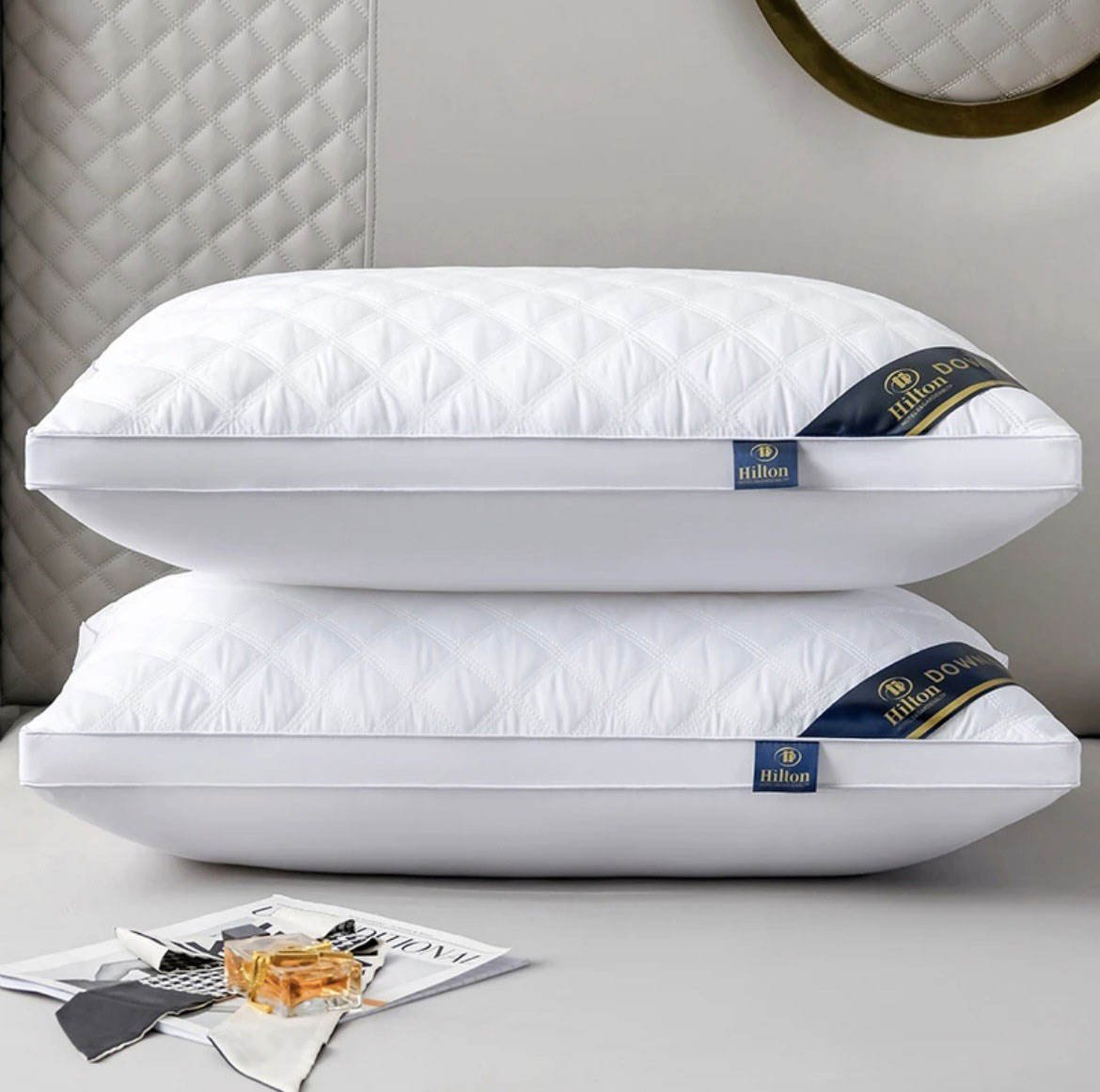 Low Price Hilton Pillow Double Edge Wrapping Bed Pillow 800g High Weight Filling Feather Velvet Neck Pillow for Sleeping