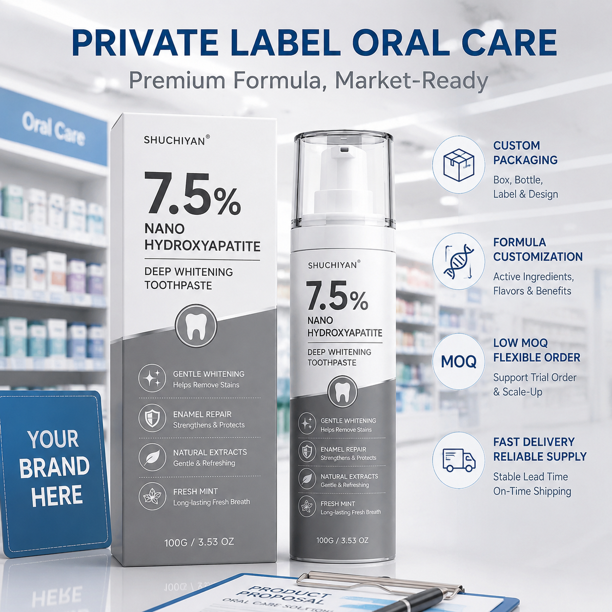 Custom 7.5% Nano Hydroxyapatite Toothpaste 100g Gentle Whitening Enamel Care Fresh Mint for Retail Wholesale Private Label