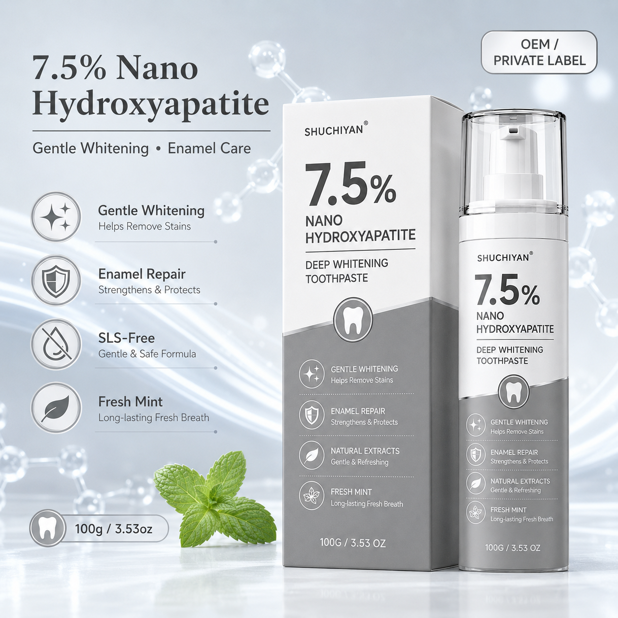Custom 7.5% Nano Hydroxyapatite Toothpaste 100g Gentle Whitening Enamel Care Fresh Mint for Retail Wholesale Private Label