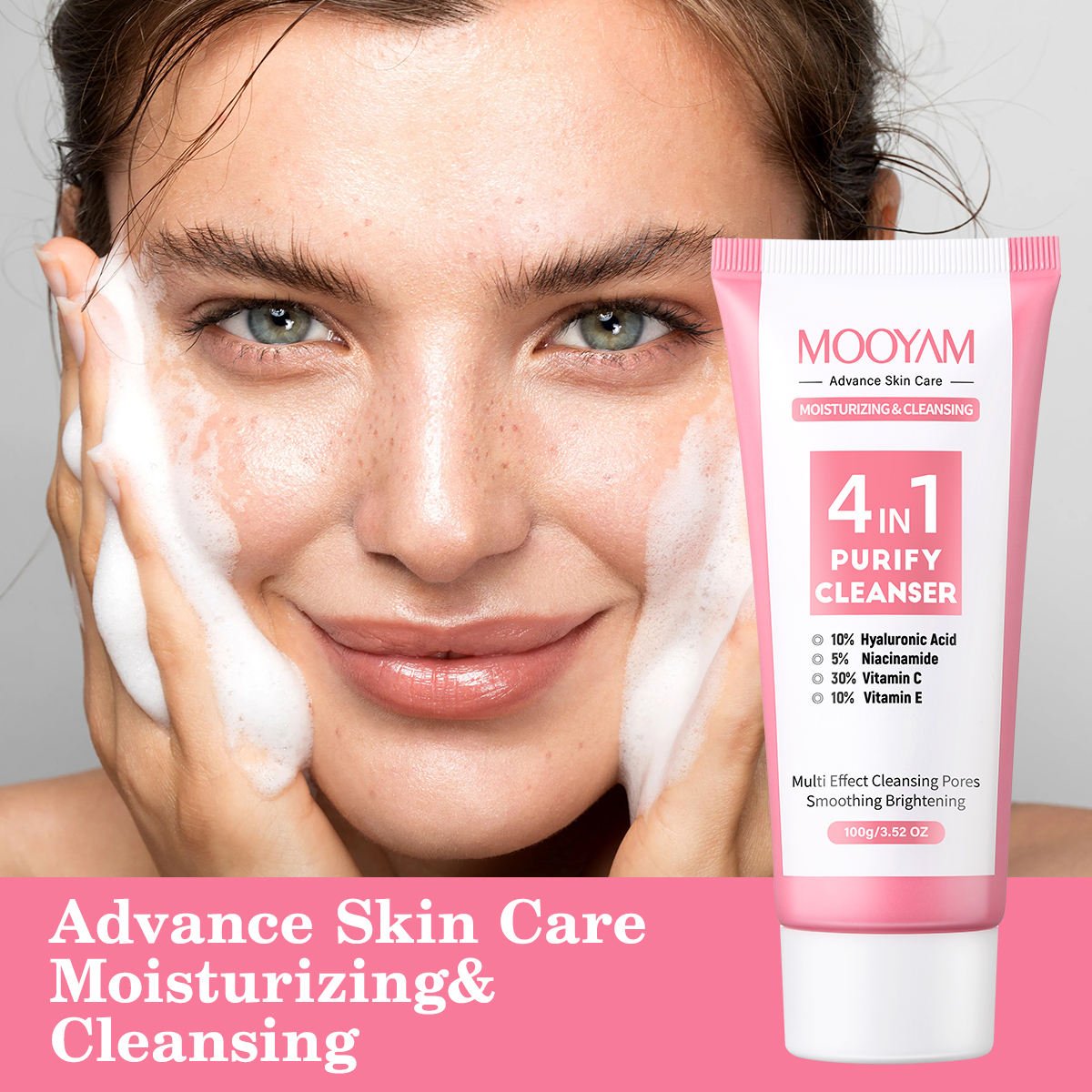 Private Label MOOYAM 4 in 1 Facial Cleanser Gentle Cleansing Clear Skin Brightening Foaming Hydrating Gel Face Wash