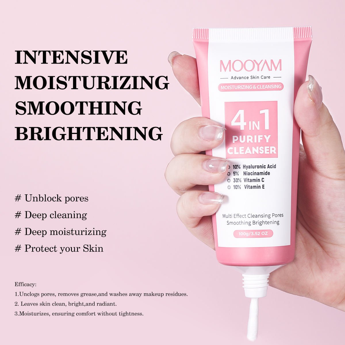 Private Label MOOYAM 4 in 1 Facial Cleanser Gentle Cleansing Clear Skin Brightening Foaming Hydrating Gel Face Wash