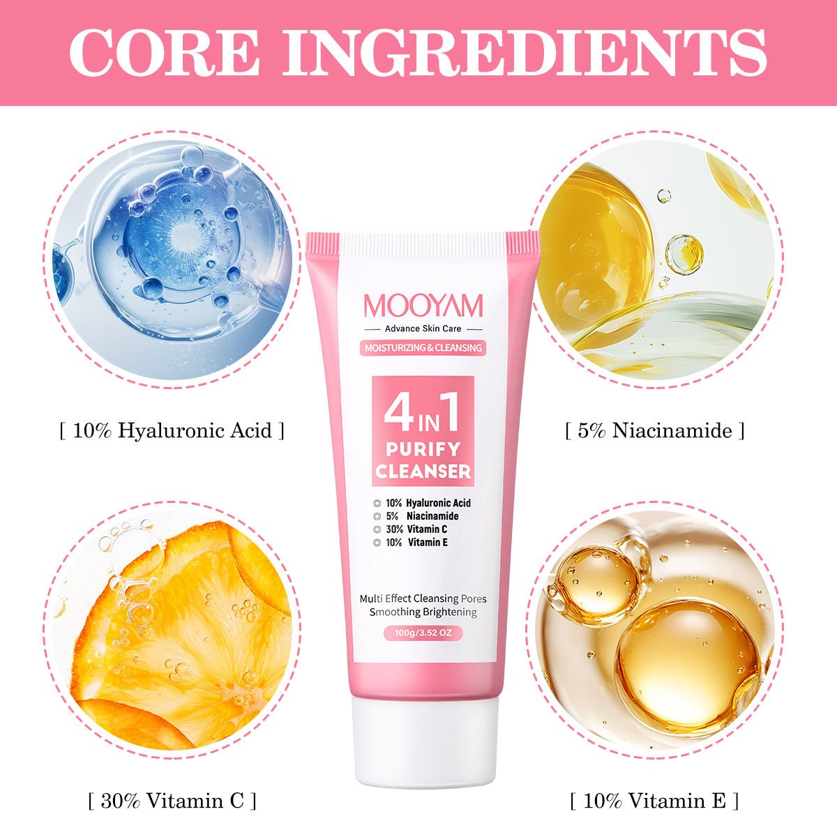 Private Label MOOYAM 4 in 1 Facial Cleanser Gentle Cleansing Clear Skin Brightening Foaming Hydrating Gel Face Wash