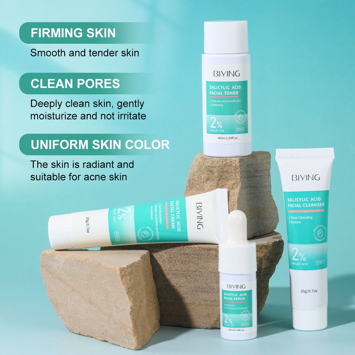Private Label Salicylic Acid Acne Care Set Acne Prone Skin Repair 4 Piece Face Care Set Containing Serum Cleanser Cream Toner
