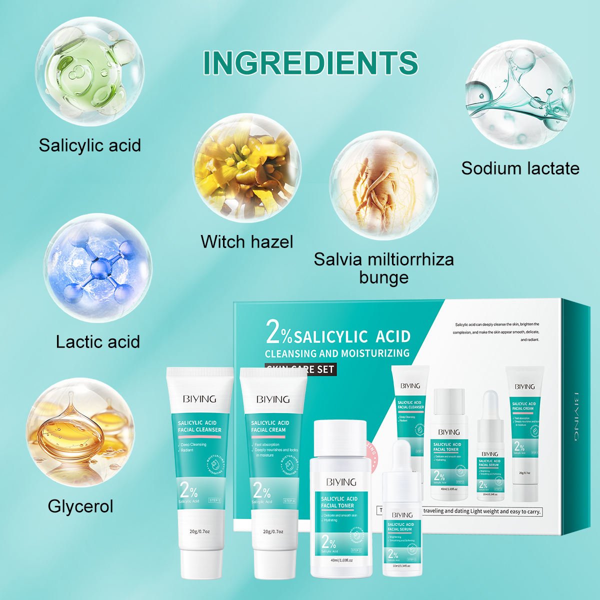 Private Label Salicylic Acid Acne Care Set Acne Prone Skin Repair 4 Piece Face Care Set Containing Serum Cleanser Cream Toner