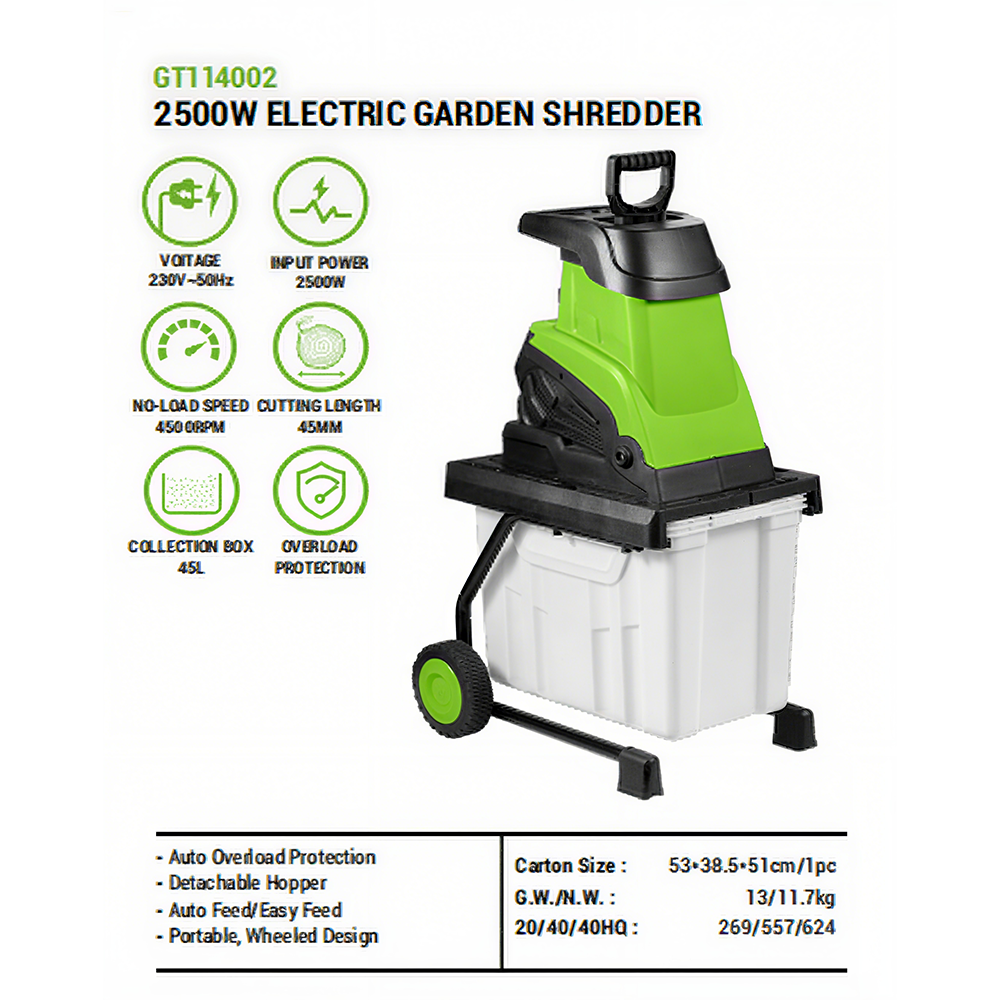 Vertak 2500W Electric Garden Shredder Silent 45mm Branch Cutter with 60L Bin Grade Mulcher for Home Gardens