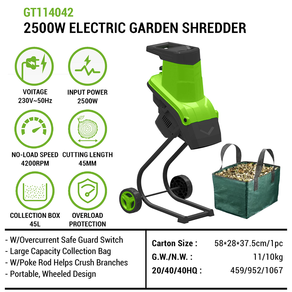 Vertak 2500W Electric Garden Shredder Wood Chipper Mobile Wheels 45mm Diameter Collection Bag Leaf Mulcher Overload