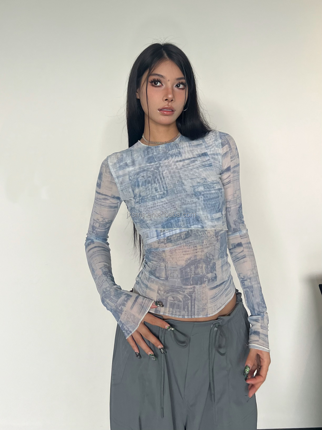 Custom High Quality Printed Mesh Top Ladies Blouses Floral Lace Long Sleeve Blouse Tops Western Clothing Women