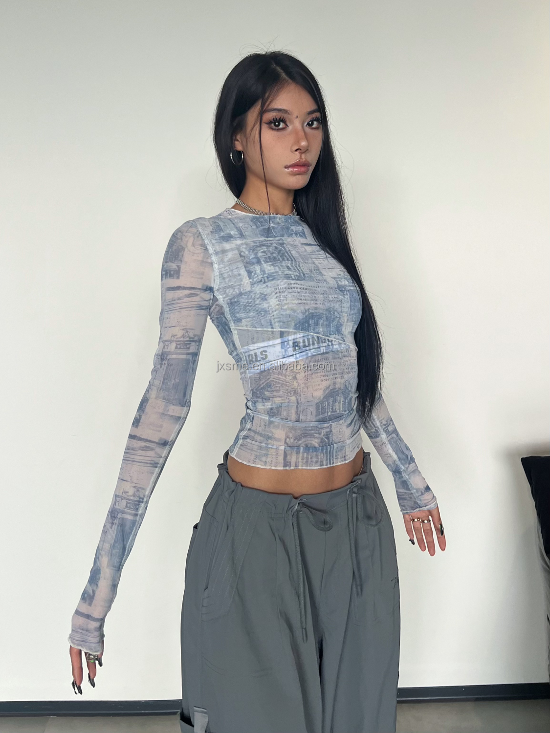 Custom High Quality Printed Mesh Top Ladies Blouses Floral Lace Long Sleeve Blouse Tops Western Clothing Women