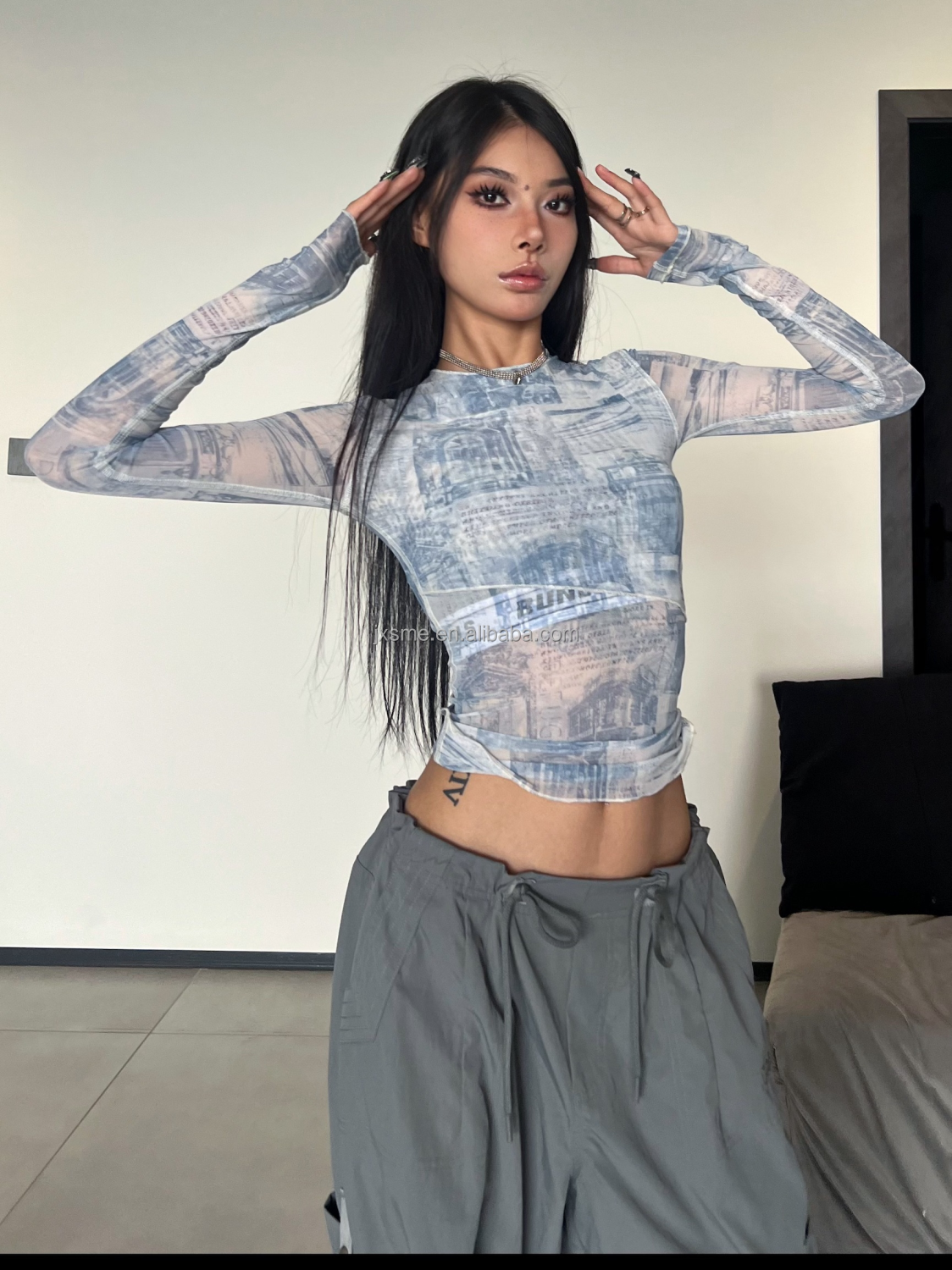 Custom High Quality Printed Mesh Top Ladies Blouses Floral Lace Long Sleeve Blouse Tops Western Clothing Women
