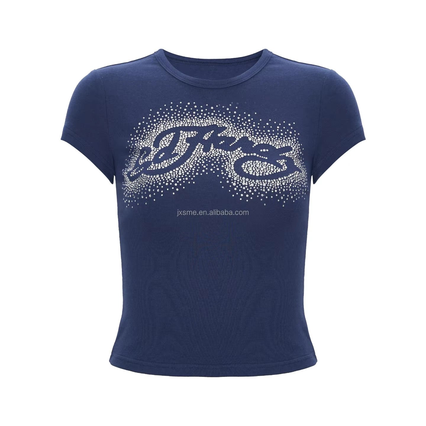 Rhinestone Monogram Print Design Short-sleeved Slim-fit Street T-shirt Top Woman