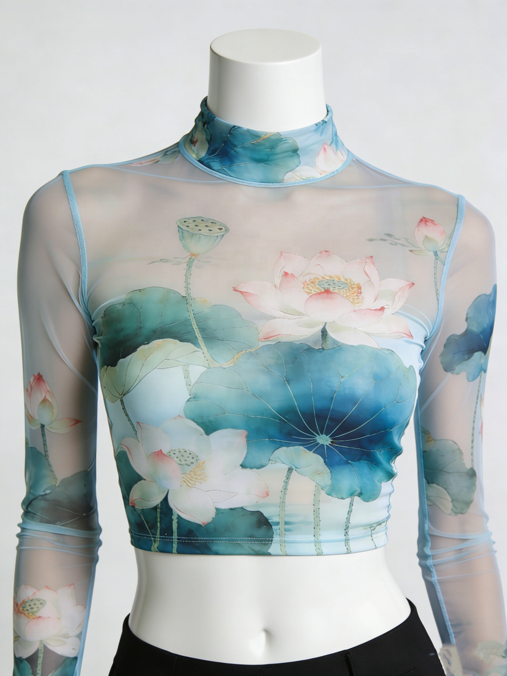 Custom Printed Mesh Sheer Transparent Turtleneck Crop Top Women Blouse
