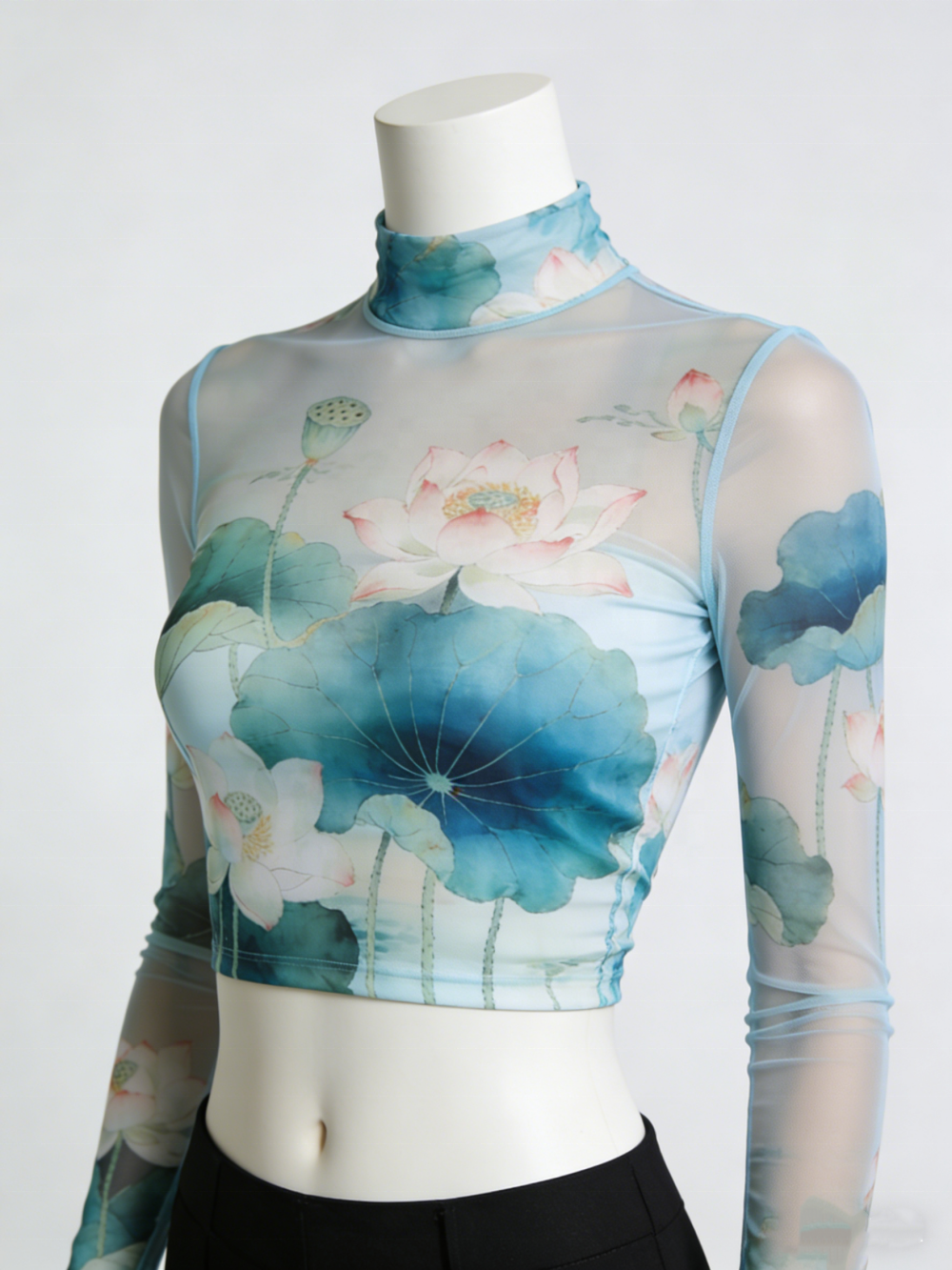 Custom Printed Mesh Sheer Transparent Turtleneck Crop Top Women Blouse