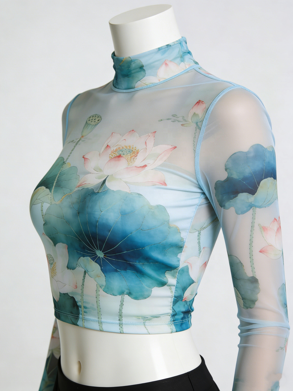 Custom Printed Mesh Sheer Transparent Turtleneck Crop Top Women Blouse