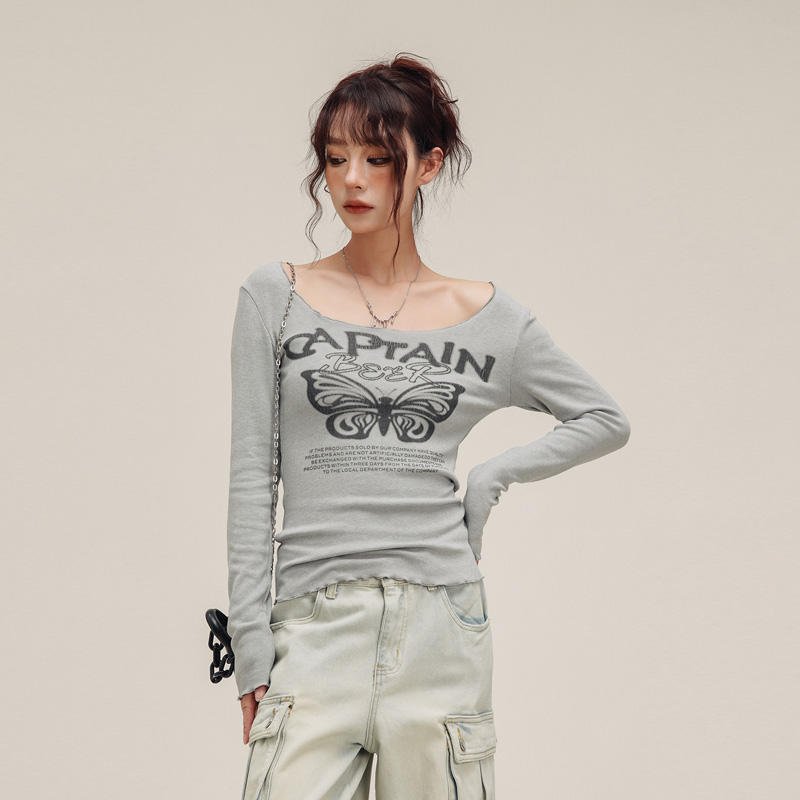 High Street Summer Casual Women's Printed Long Sleeved Tight T-shirt Top Dtg Printing Vintage T Shirt