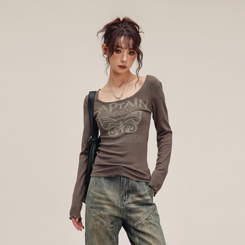 High Street Summer Casual Women's Printed Long Sleeved Tight T-shirt Top Dtg Printing Vintage T Shirt