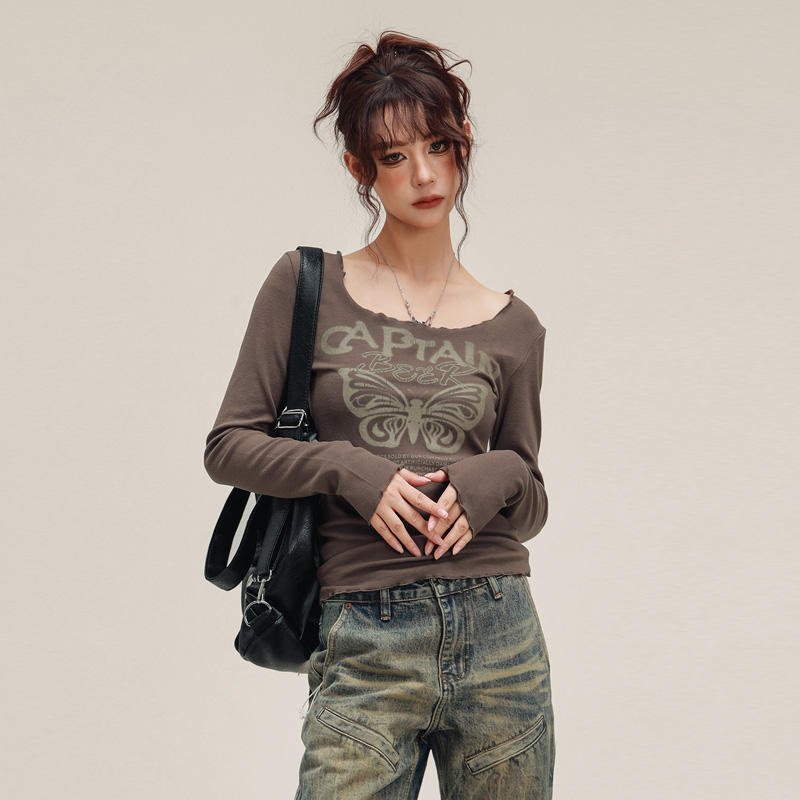 High Street Summer Casual Women's Printed Long Sleeved Tight T-shirt Top Dtg Printing Vintage T Shirt