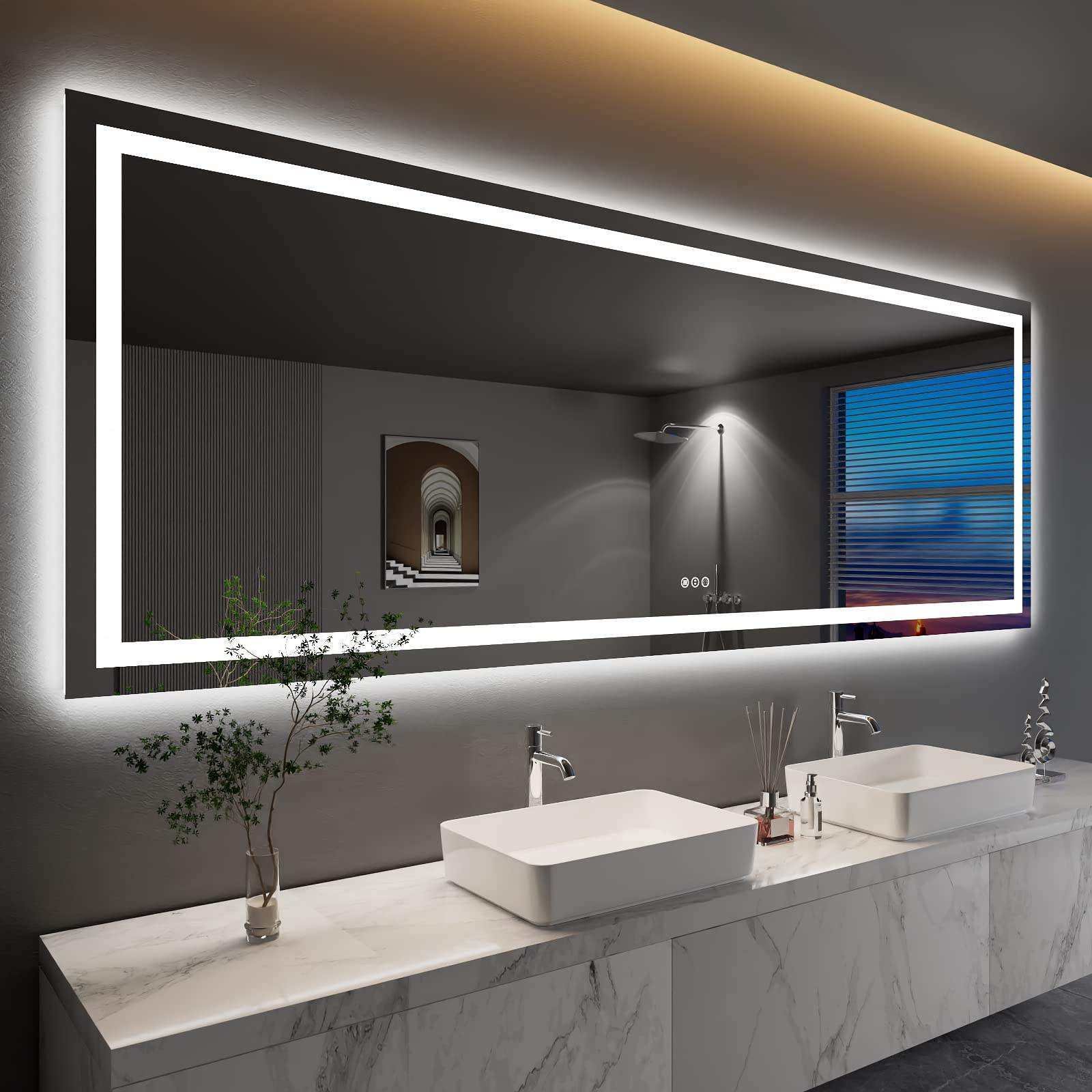 Waterproof Defogger Illuminated Mirror Large Rectangle Touch Switch Bathroom Mirror With LED Light
