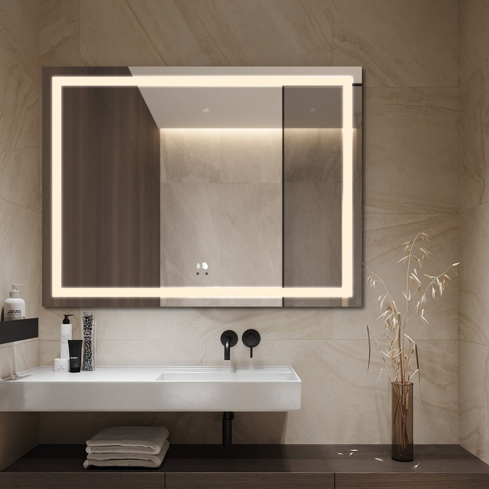 Waterproof Defogger Illuminated Mirror Large Rectangle Touch Switch Bathroom Mirror With LED Light