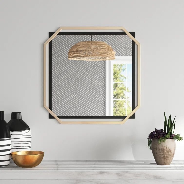 Modern Square Vanity Decorative Wall Mirror Matte Black Gold Metal Double Frame 22 Inch