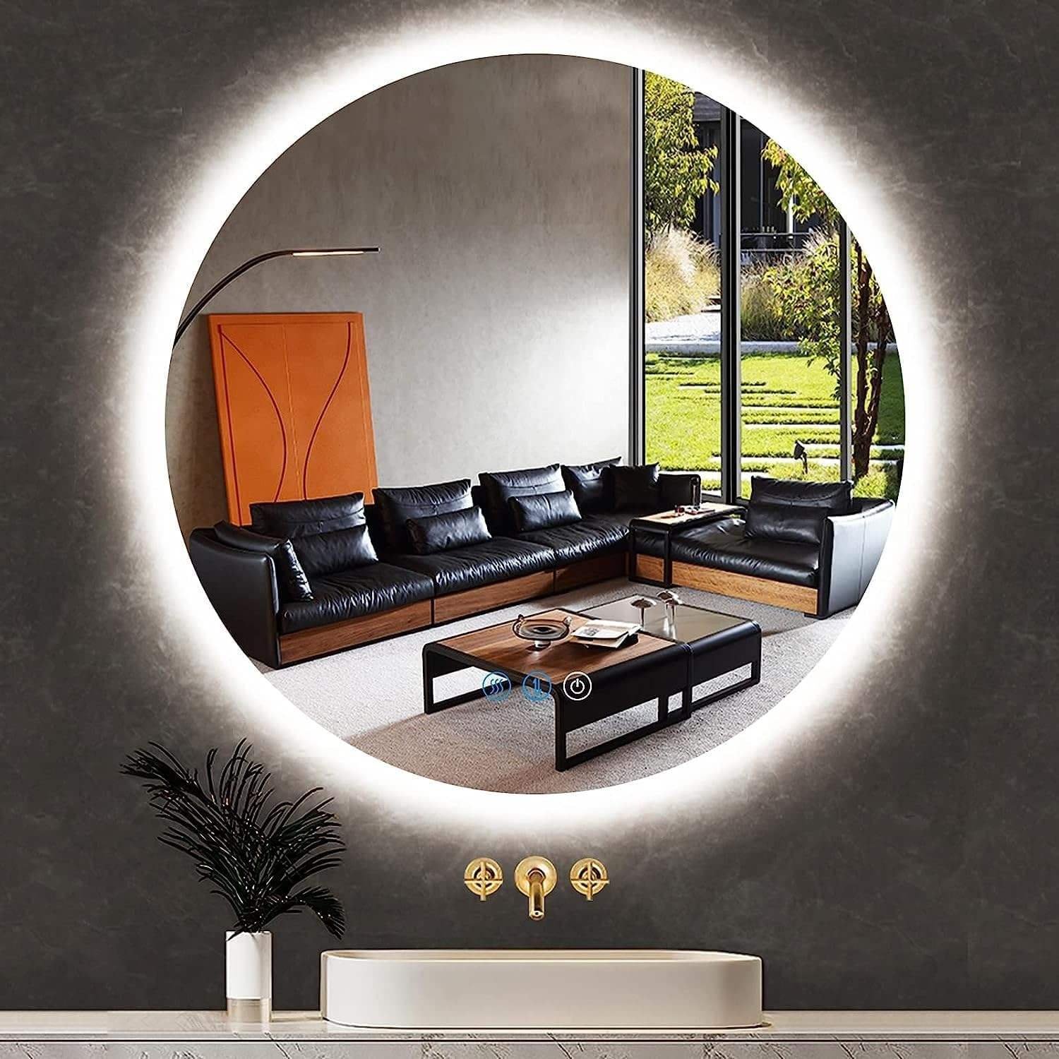 Modern Round Magnifying Smart Bathroom Waterproof Touch Sensor Switch Illuminated Stainless Steel Frame LED Mirror