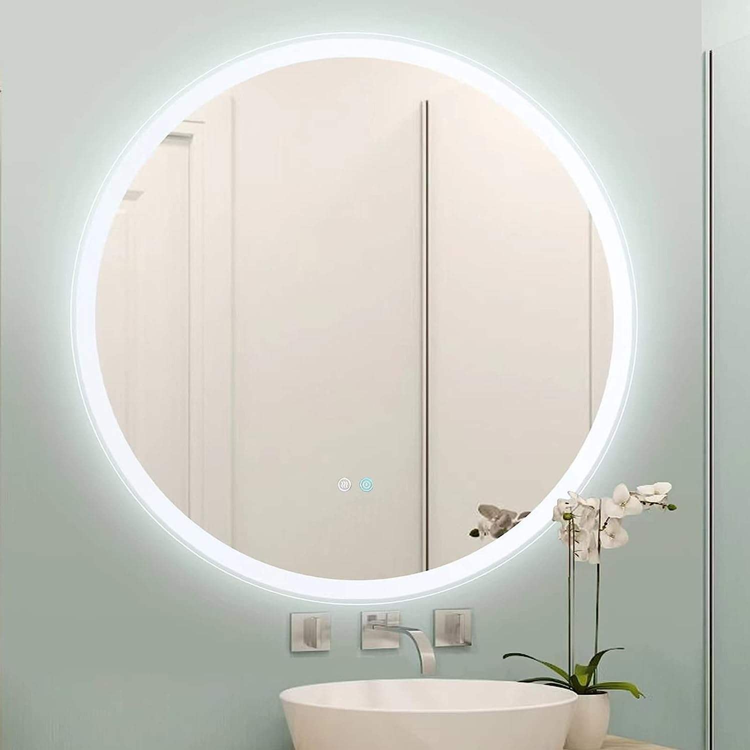 Modern Round Magnifying Smart Bathroom Waterproof Touch Sensor Switch Illuminated Stainless Steel Frame LED Mirror