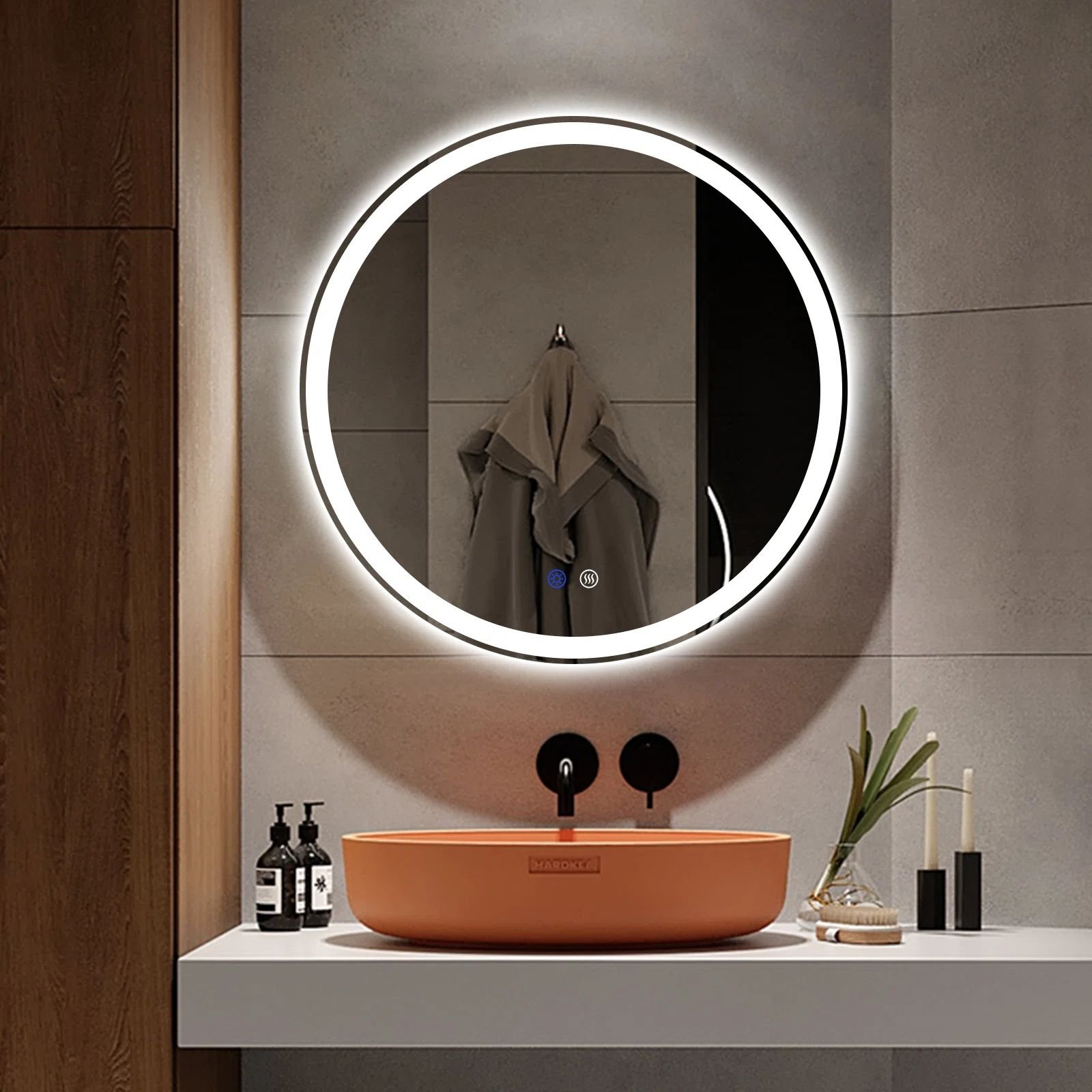 Modern Round Magnifying Smart Bathroom Waterproof Touch Sensor Switch Illuminated Stainless Steel Frame LED Mirror