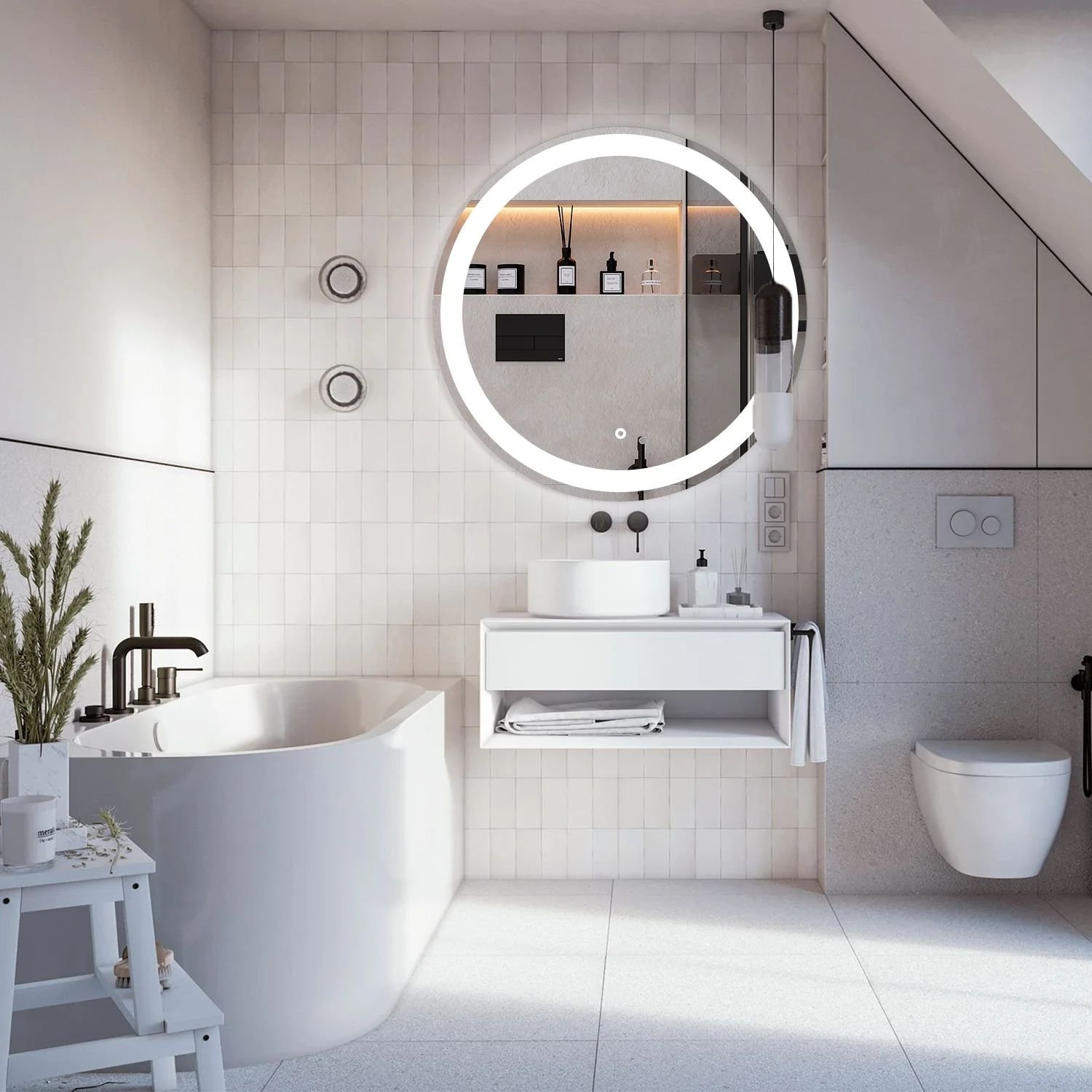 Modern Round Magnifying Smart Bathroom Waterproof Touch Sensor Switch Illuminated Stainless Steel Frame LED Mirror