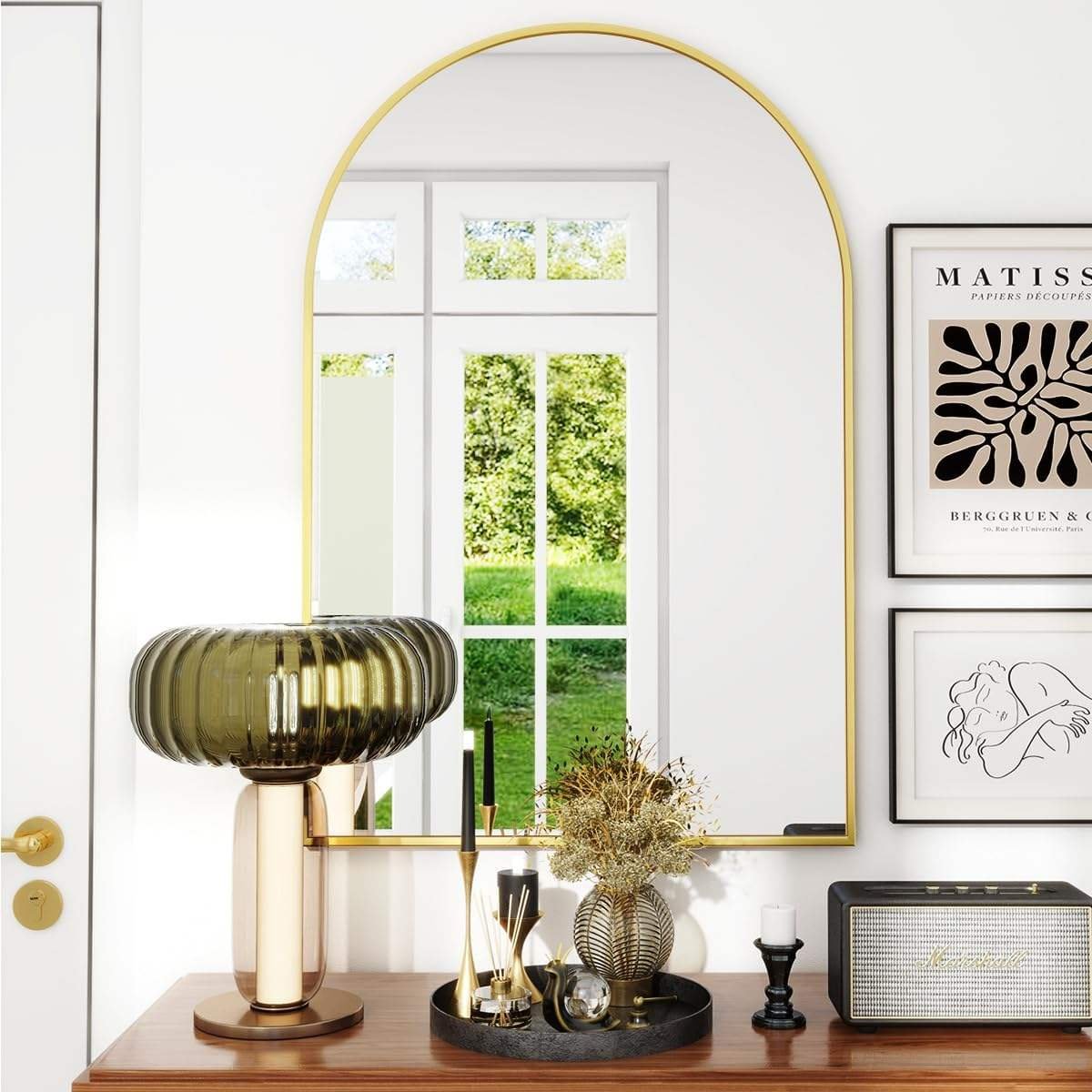 Large Arched Wall Decor Mirror for Bedroom Dressing Aluminum Alloy Thin Frame Bathroom Mirror