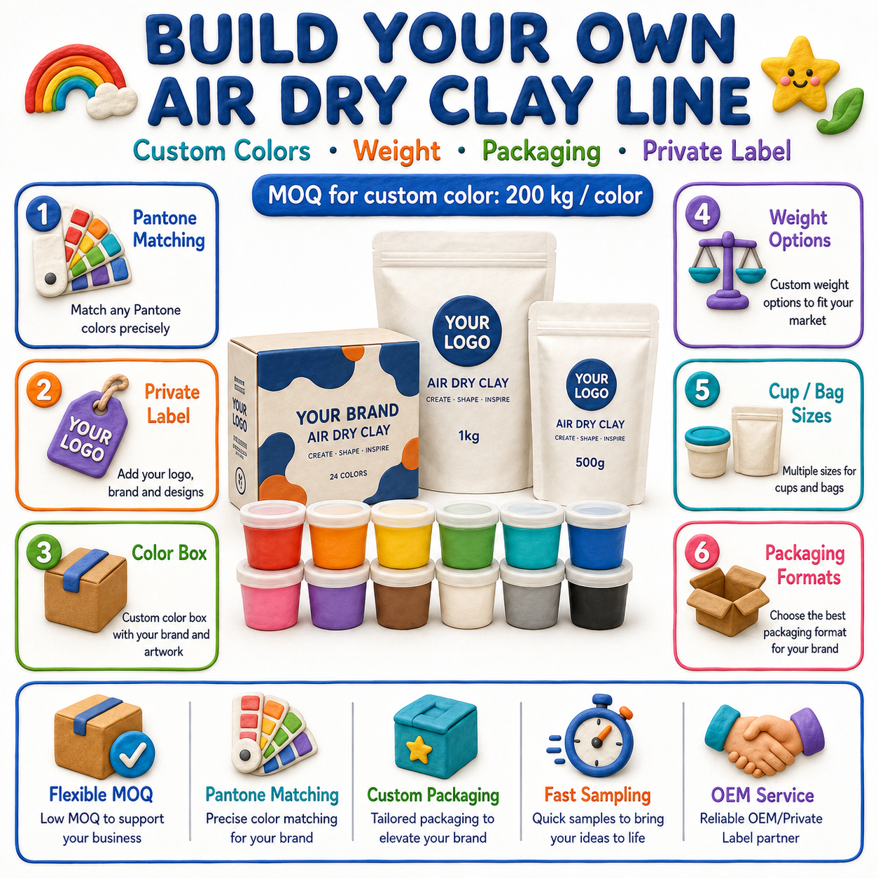 100g Soft Air Dry Clay Pack for Kids DIY Crafts, Lightweight Modeling Clay Bulk Colors for School Art & OEM Supply