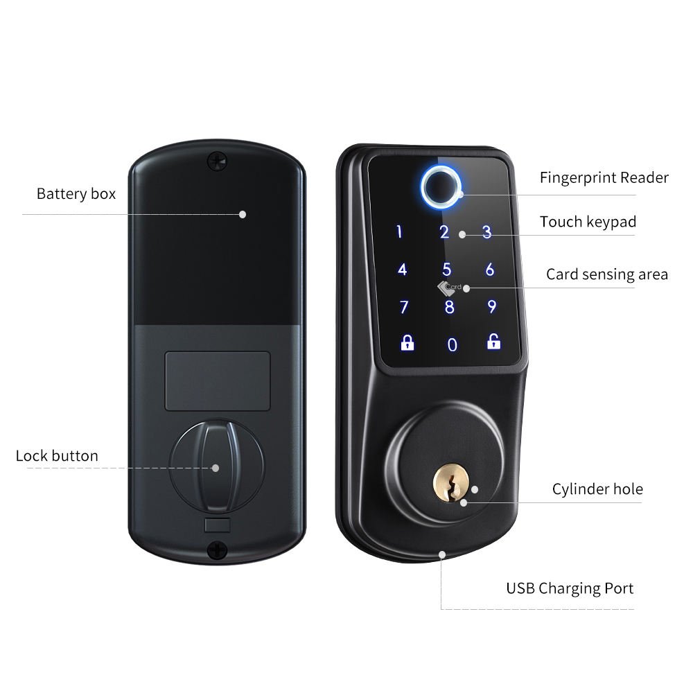 TTlock APP Aluminum Alloy Smart Deadbolt Lock with Fingerprint IC Card Passcode & Mechanical Key for Wood Door Home Security