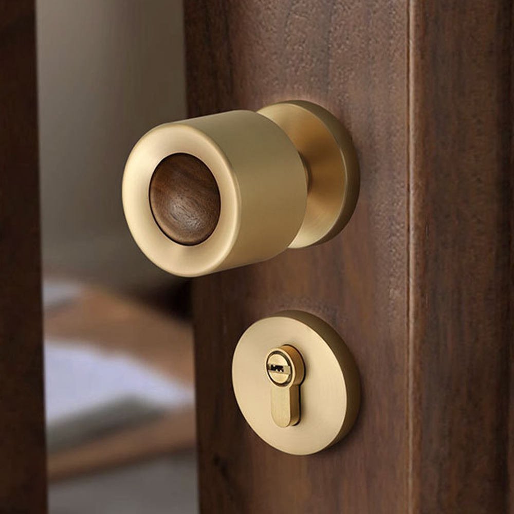 Round Ball Walnut Wood Design Black Gold Door Knob Interior Door Knob