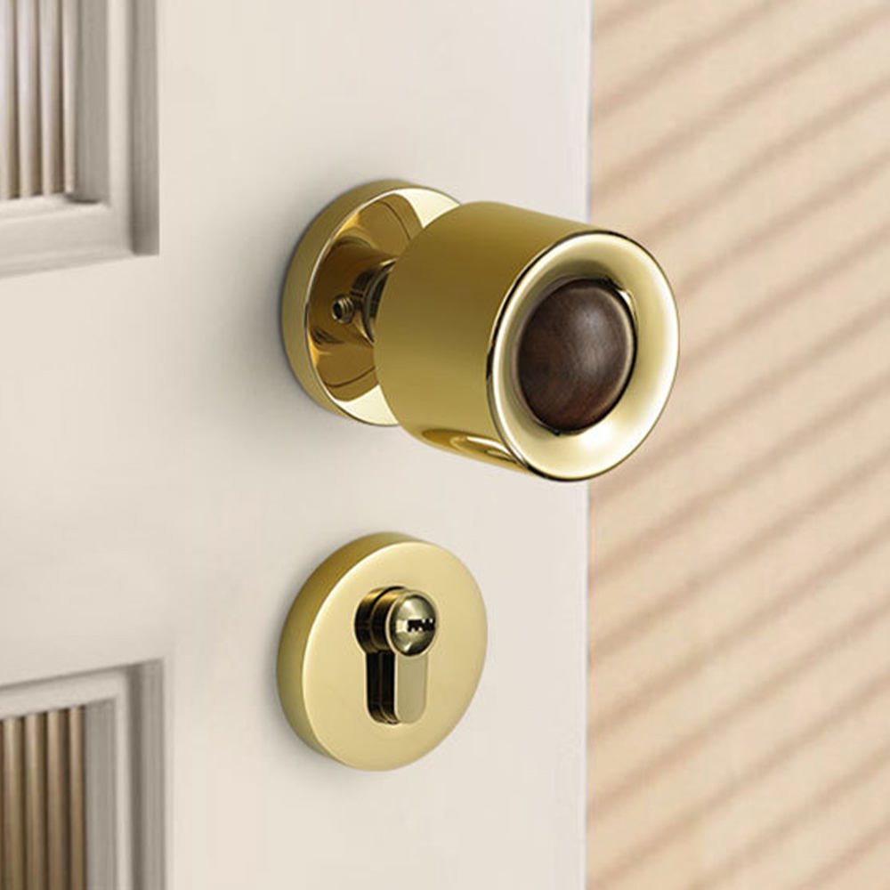 Round Ball Walnut Wood Design Black Gold Door Knob Interior Door Knob
