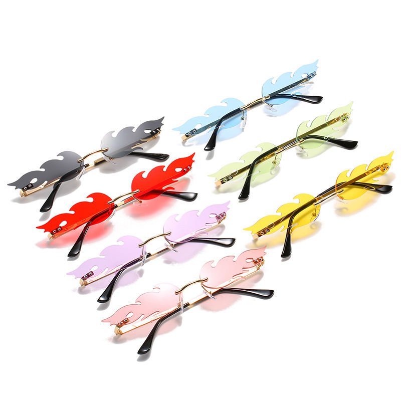 European American Stylish Trendy Flame Shape Rimless Sunglasses for Women Candy Colors Frameless Party Glasses UV400 Metal Legs