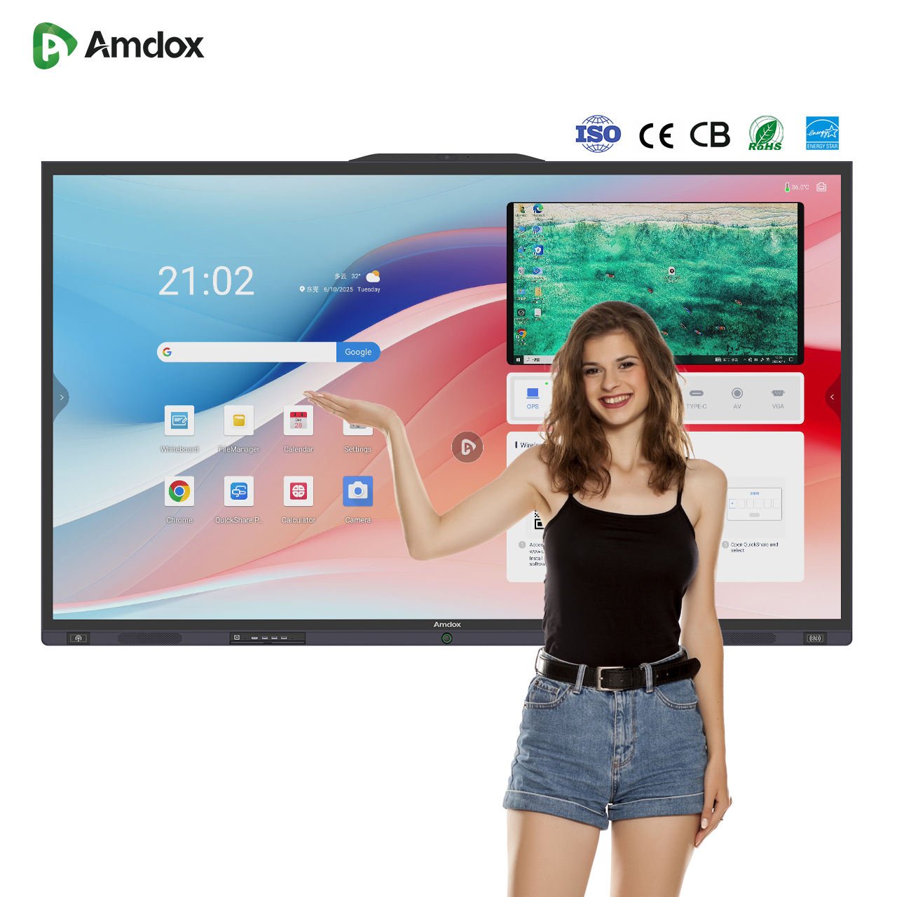 Amdox 65/75/86/98/110 Inch Android System 4K UHD Flat Panel Interactive Whiteboard Smart Board for Education Conference Display
