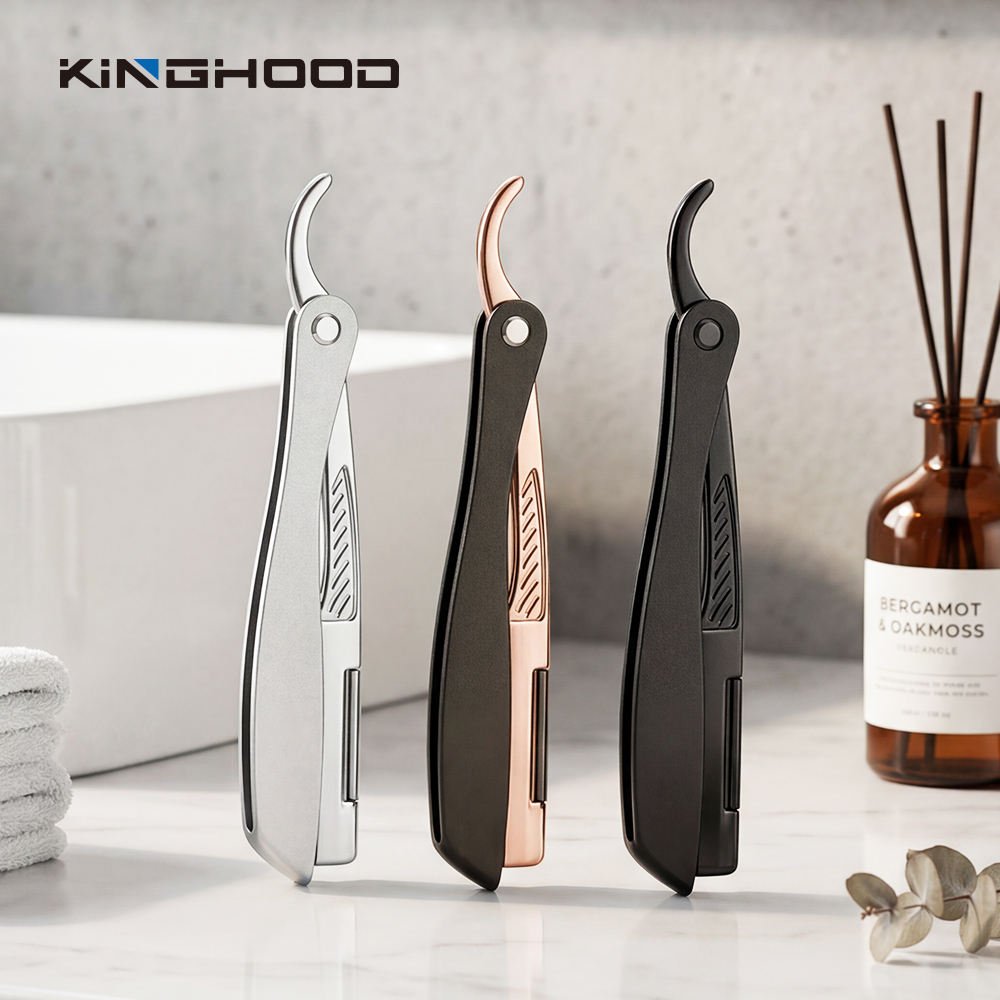 KINGHOOD High Quality Men Grooming Metal Handle Zinc Alloy Black Matte Custom Logo Straight Barber Razor